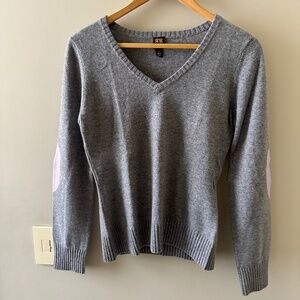 Gray V-Neck Cashmere Sweater with Lavender Purple Elbow Patches
